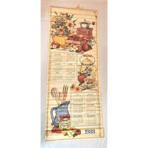 1988 Wooden Reversible Scroll Wall Calendar Spice Grinder Kitchen Art Farmhouse